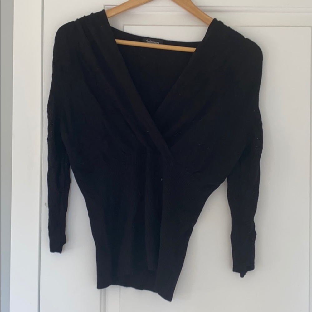 Black V-Neck Sweater with crocheted arm detail